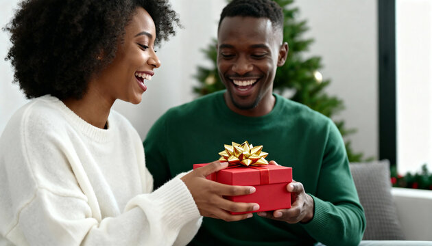 Happy African American couple with Christmas gift at home. Woman giving red present to surprised man in green sweater. Holiday celebration concept
