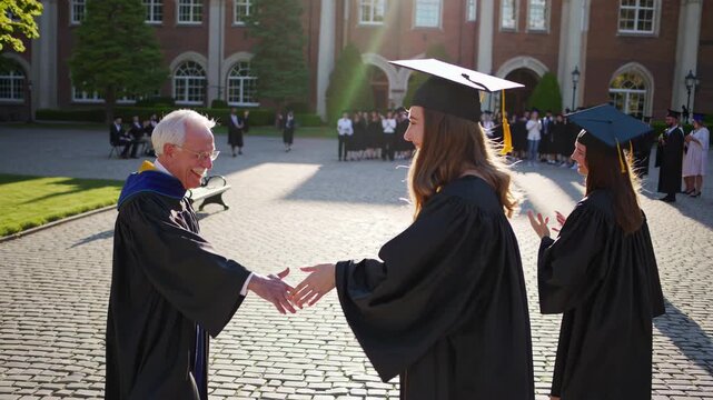 Distinguished professor congratulating graduating student during commencement ceremony, recognizing academic achievement with warm handshake while surrounding graduates offer enthusiastic applause