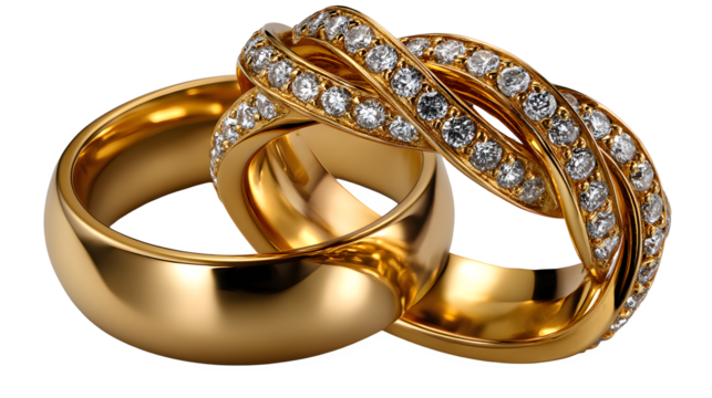 Elegant gold wedding bands entwined, symbolizing eternal love, commitment, and celebration on transparent background