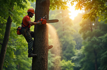 Man climbs tree using safety harness. He cuts big trunk with orange chainsaw creating sawdust clouds. Forester works in green forest woodland.