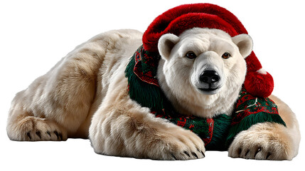Adorable polar bear wearing a festive Santa hat and scarf ready for the holidays on transparent background