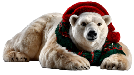 Adorable polar bear wearing a festive Santa hat and scarf ready for the holidays on transparent background