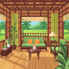 Fototapeta premium Cozy tropical living room interior with nature view, providing a sense of relaxation