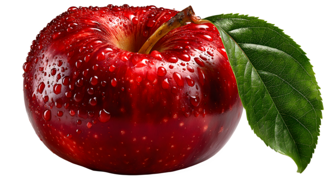 Vibrant red apple with fresh green leaf glistening with water droplets for healthy eating on transparent background