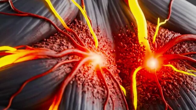 Close up of human muscle tissue with nerves and blood vessels in a detailed render style