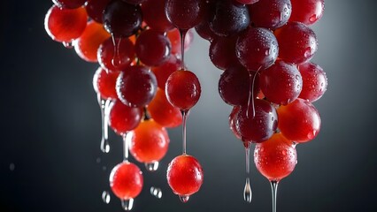 Red Grapes with Water Droplets Hanging in Dark Background