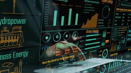 This digital image captures a modern data dashboard focused on green energy solutions, featuring interactive graphs and insights into various renewable energy sources. Cipher - Powered by Adobe
