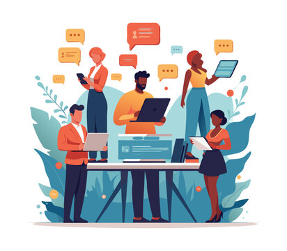 Diverse team collaborating digitally using laptops tablets and floating chat bubbles.Isolated transparent background ( include cut-out PNG file ). - Powered by Adobe