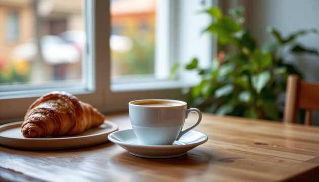 Cozy autumn coffee moments warm sunlight and fresh pastry in a serene indoor environment