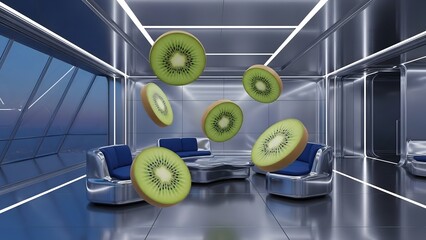 Futuristic Lounge with Floating Kiwi Slices in Metallic Room