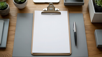 Clean workspace mockup for business documents or creative planning featuring a blank clipboard, pen, and modern desk accessories for presentations