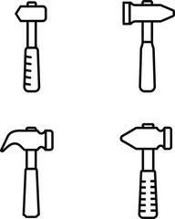Four hammer illustrations in a simple line art style depicting various types of hammers for construction and carpentry projects