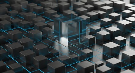 Abstract technology background with black cubes and glowing blue grid network