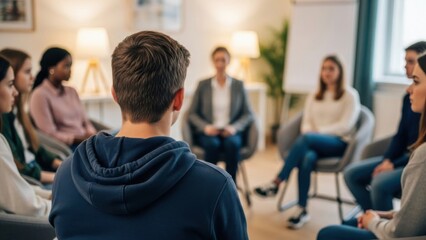 Adults sitting in a circle during a group therapy session in a calm room, listening attentively as one person speaks, illustrating emotional support, mental health counseling, and healing through