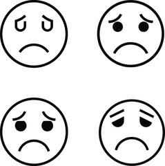 Collection of hand drawn sad face emoticons expressing disappointment and melancholy on a white background for digital communication