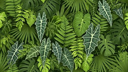Lush Tropical Green Leaves Pattern with Monstera and Ferns for Nature Decor