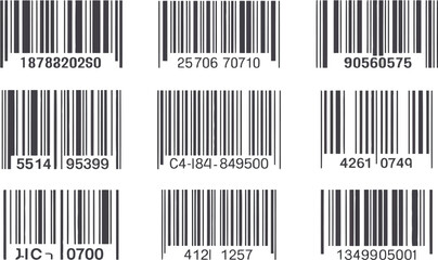 Fototapeta premium Assortment of nine black and white barcode representations used for product tracking and inventory management