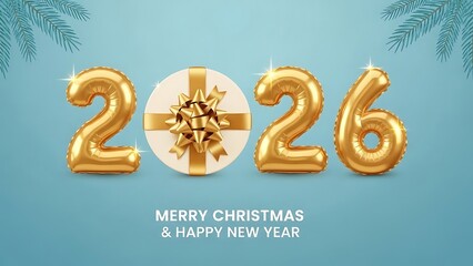 Celebrate the arrival of 2026 with a festive banner featuring golden foil balloons and a surprise Christmas gift box on a blue background