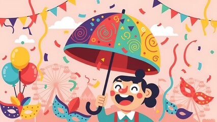 Festive Carnival Delight: A joyous character embraces the carnival spirit, clutching a vibrant umbrella amidst a cascade of confetti, balloons, and carnival paraphernalia.
