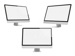 Three modern computer monitors arranged in a formation for tech displays transparent background