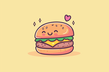 A charming cartoon illustration of a happy hamburger with a smiling face, cheese, lettuce, and a heart, set against a soft yellow background, perfect for food-related designs.