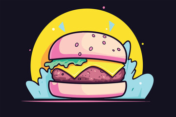 A vibrant cartoon illustration showcases a delicious, colorful hamburger with cheese, lettuce, and a patty, set against a bright yellow sun-like backdrop, perfect for food-related designs.