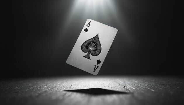 Ace of spades card floats over a dark surface under bright light. It presents chance, fortune, luck. The playing card falls down. It is used for poker, casino and gambling games.