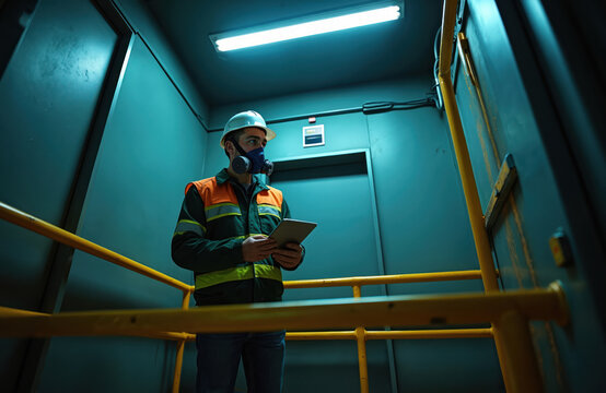 Technician wears mask, hardhat. Uses tablet in elevator shaft. Maintenance worker inspects lift system. Engineer repairs machine. Inspector checks equipment. Service person works in construction.