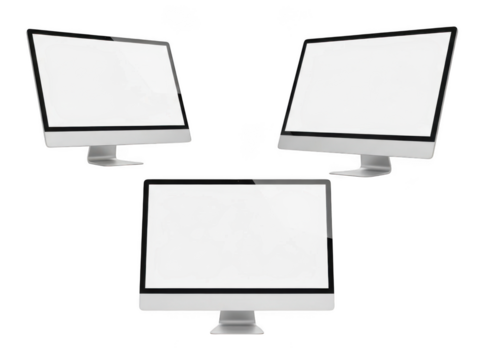 Three modern computer monitors arranged in a formation for tech displays transparent background