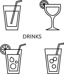 Minimalist drink icons set featuring a variety of beverages in different glassware perfect for menus and design projects