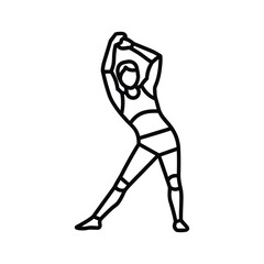 Outline icon of a person doing a side stretch exercise with arms raised, isolated on