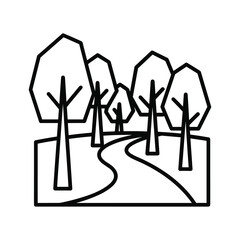 Simple line icon of a winding path through a stylized forest or park area