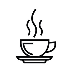 Simple black line icon of a steaming hot coffee cup on a saucer, isolated on