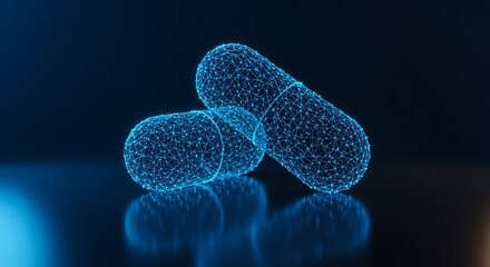 Futuristic medicine capsules with glowing network design and dark background