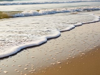 Serene Beach Scene with Gentle Waves and Foamy Shoreline in Soft Natural Light