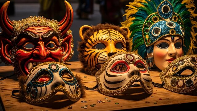 Masks of Many Faces: A collection of meticulously crafted masks, each revealing a unique persona, awaits their wearers. Evoking the spirit of celebration and mystery.