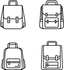 Collection of backpack icons in simple line art style on white background perfect for education travel or design projects