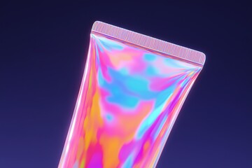 Surreal skincare tube with fluid surface texture and glowing iridescent colors, showcasing vibrant hues and a captivating design, perfect for beauty product marketing and visual storytelling