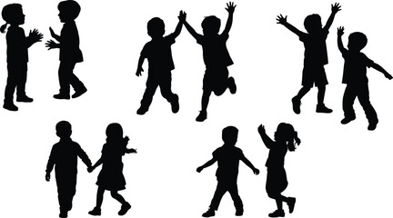 Happy Children Playing Silhouette Vector Set, Kids Running, Jumping, Holding Hands, and High-Fiving, Fun Childhood Activity