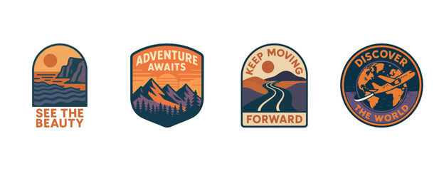 Explore nature and travel: adventure badges with mountains, roads, and globe