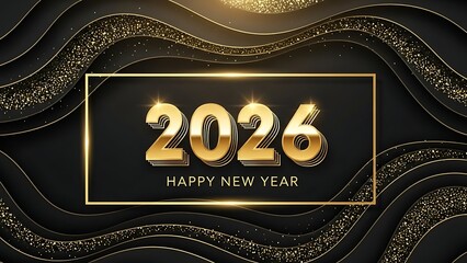 Celebrate the arrival of 2026 with a stunning New Year's graphic featuring golden numerals and elegant black and gold wave elements