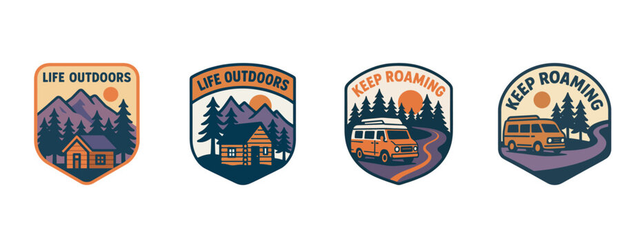 Retro adventure badges with mountains, cabin, and camper van designs
