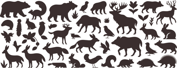 Large Forest and Woodland Animal Silhouette Vector Set, Bear, Deer, Fox, Rabbit, and Wildlife Collection for Nature Design Graphics