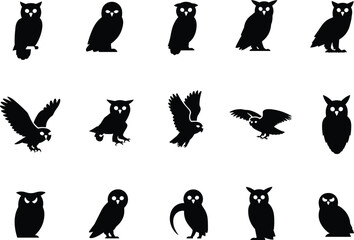 Large Owl Silhouettes Vector Set, Diverse Collection of Night Birds of Prey in Various Flying and Perching Poses