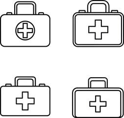 Four first aid kit icons in a simple outline style representing healthcare emergency preparedness and medical assistance