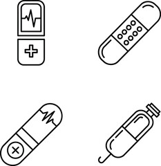 Simple line art illustration of medical supplies pills bandages and a syringe for healthcare and treatment concepts in black and white