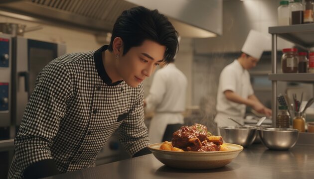 Professional Asian chef inspecting a freshly plated gourmet meat dish. A young man working in a busy restaurant kitchen. Culinary arts and fine dining concept - Powered by Adobe