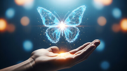Digital butterfly emerging from hand concept of transformation technology and artificial intelligence