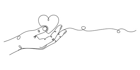 Continuous one line of a hand holding a heart symbol, representing caregiving and health support education, drawn vector illustration.