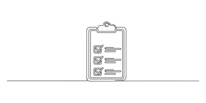 Continuous one line of a wellness checklist icon with neat linework, symbolizing routine health awareness, drawn vector illustration.